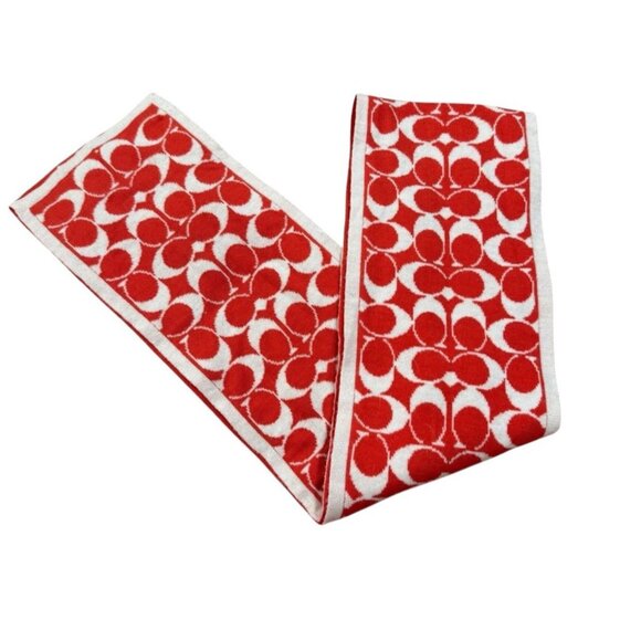 Coach Red & White Wool Scarf F82165, 100% Merino Wool "C" Logo Scarf, Winter - Picture 2 of 4